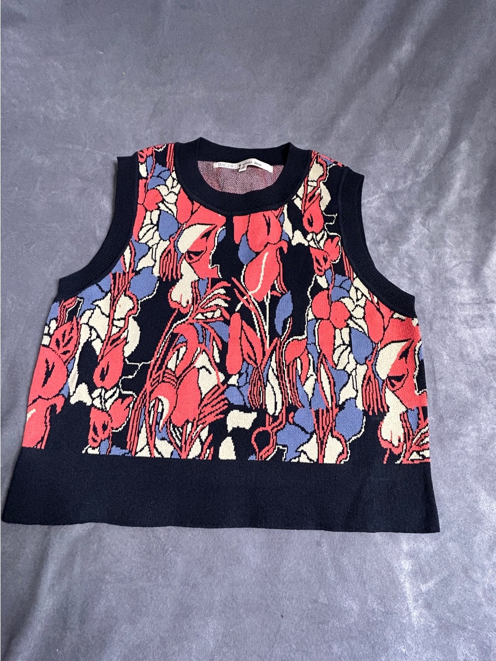Rachel Roy Floral Knit Sleeveless Top - Navy with Red & Cream
